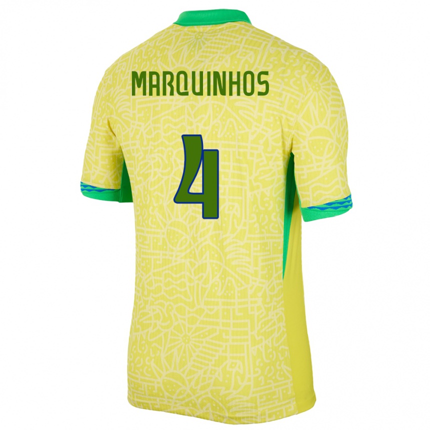 Niño Fútbol Camiseta Brasil Marquinhos #4 Amarillo 1ª Equipación 24-26 Argentina