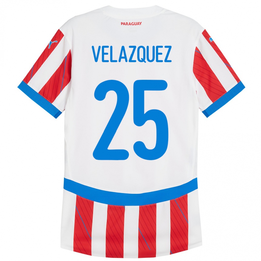 Niño Fútbol Camiseta Paraguay Gustavo Velázquez #25 Blanco Rojo 1ª Equipación 24-26 Argentina