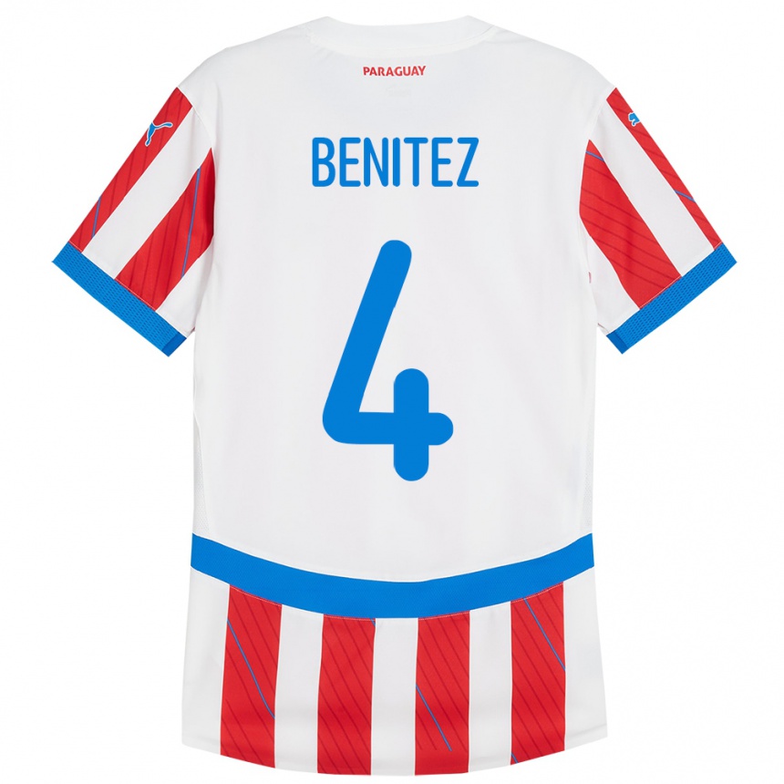 Niño Fútbol Camiseta Paraguay Gastón Benítez #4 Blanco Rojo 1ª Equipación 24-26 Argentina