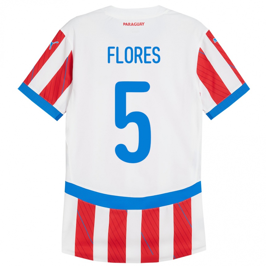 Niño Fútbol Camiseta Paraguay Gilberto Flores #5 Blanco Rojo 1ª Equipación 24-26 Argentina