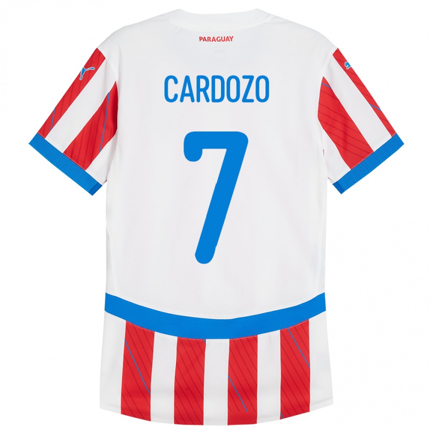 Niño Fútbol Camiseta Paraguay Fernando Cardozo #7 Blanco Rojo 1ª Equipación 24-26 Argentina