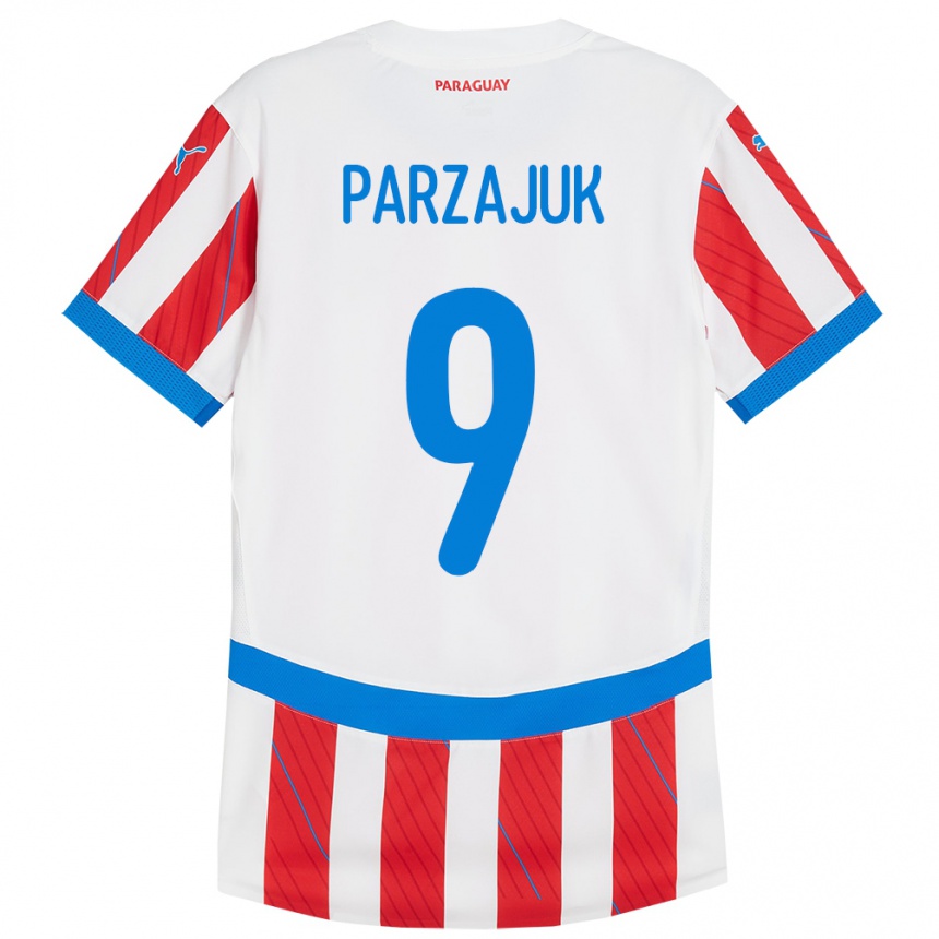 Niño Fútbol Camiseta Paraguay Kevin Parzajuk #9 Blanco Rojo 1ª Equipación 24-26 Argentina