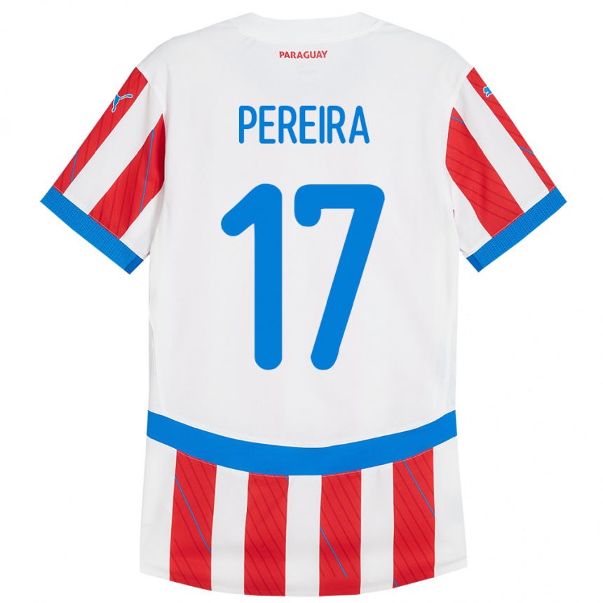 Niño Fútbol Camiseta Paraguay Kevin Pereira #17 Blanco Rojo 1ª Equipación 24-26 Argentina