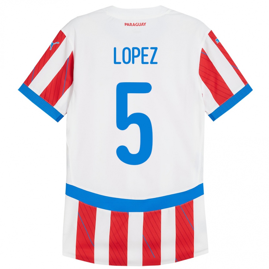 Niño Fútbol Camiseta Paraguay Óscar López #5 Blanco Rojo 1ª Equipación 24-26 Argentina