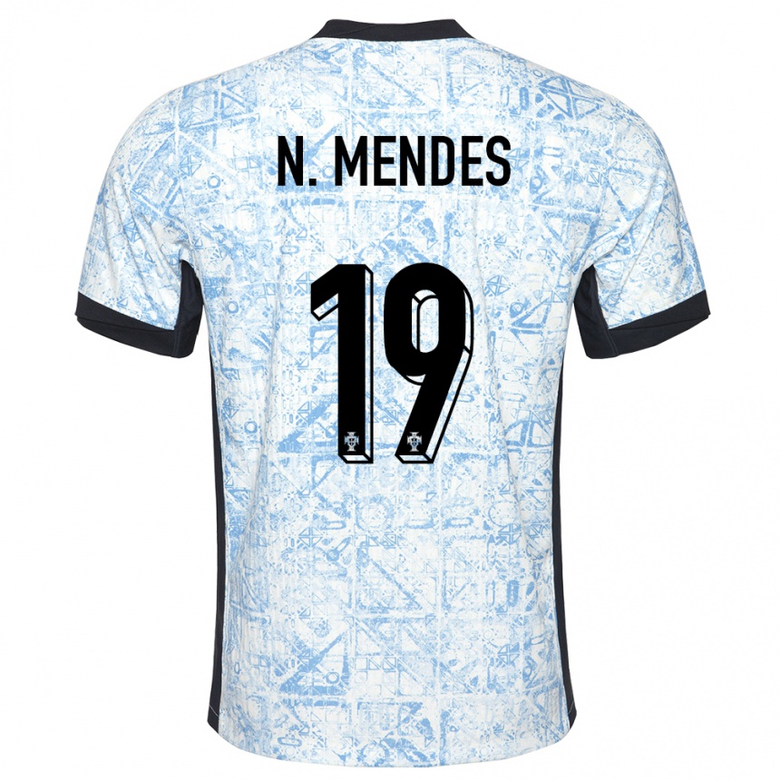 Niño Fútbol Camiseta Portugal Nuno Mendes #19 Crema Azul 2ª Equipación 24-26 Argentina