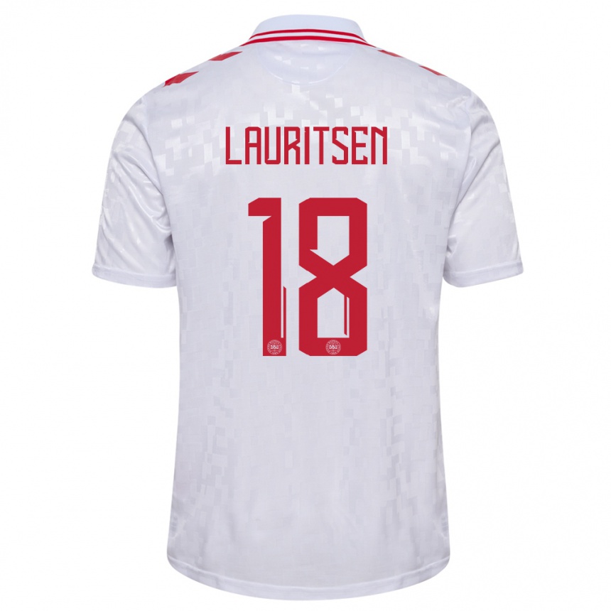 Niño Fútbol Camiseta Dinamarca Tobias Lauritsen #18 Blanco 2ª Equipación 24-26 Argentina