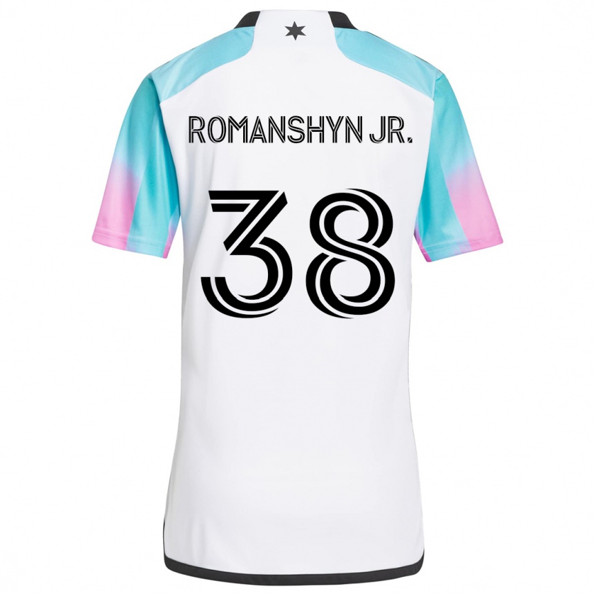 Niño Fútbol Camiseta Kage Romanshyn Jr. #38 Blanco Azul Negro 2ª Equipación 2024/25 Argentina