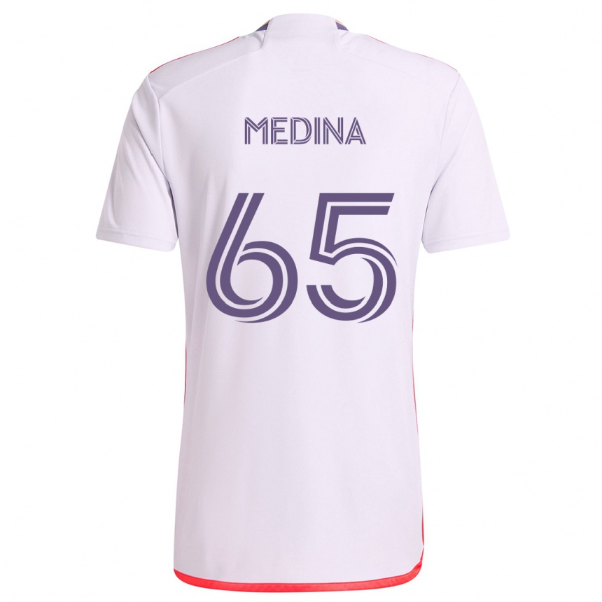 Niño Fútbol Camiseta Cristian Medina #65 Blanco Rojo Púrpura 2ª Equipación 2024/25 Argentina