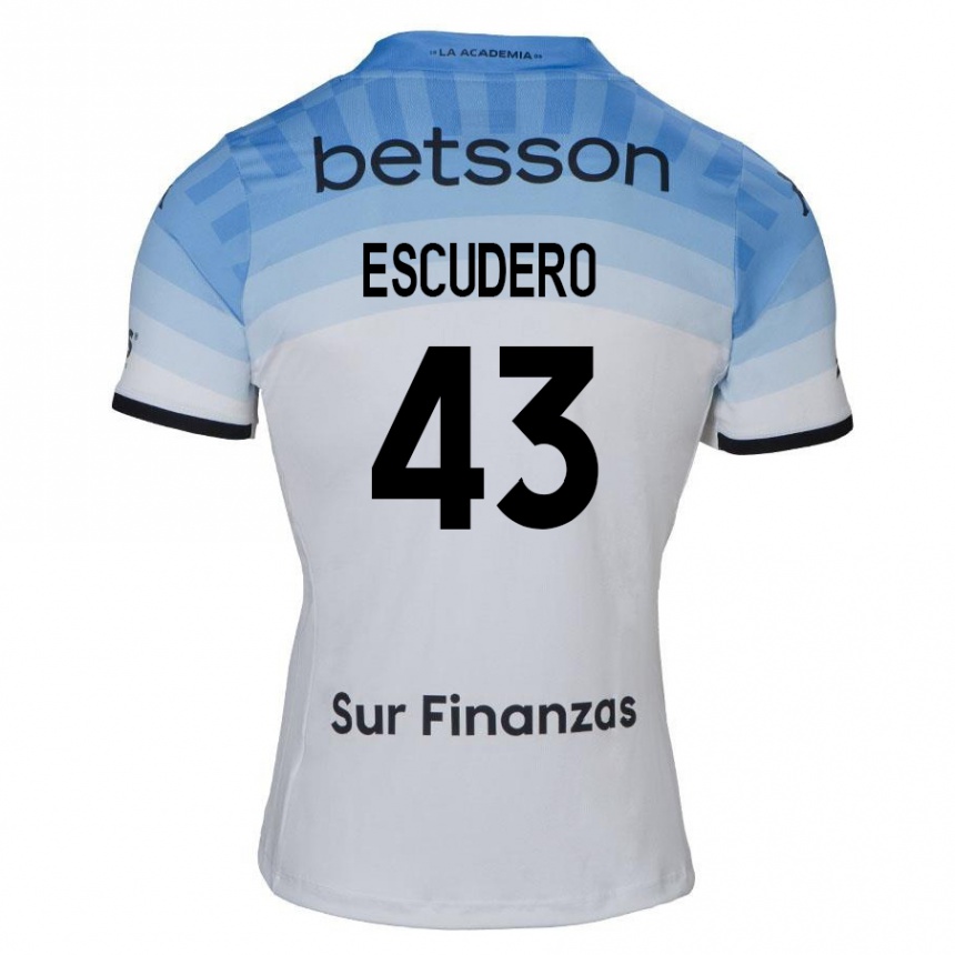 Niño Fútbol Camiseta Gonzalo Escudero #43 Blanco Azul Negro 2ª Equipación 2024/25 Argentina