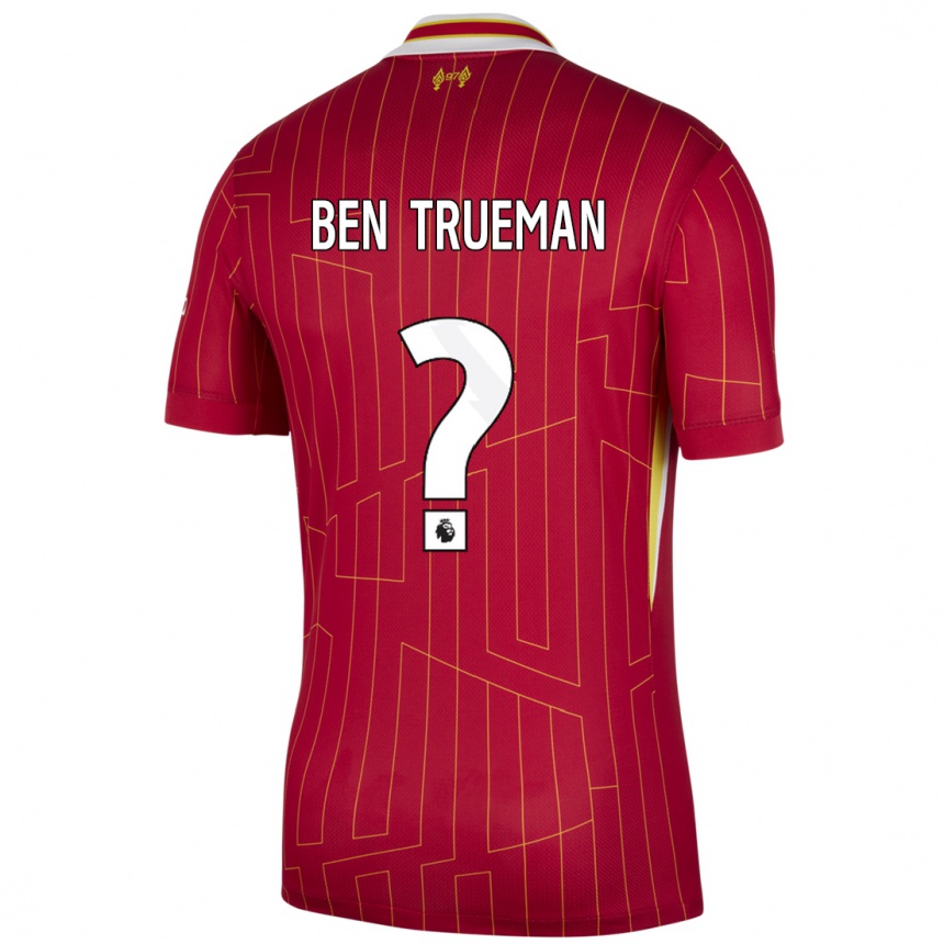 Niño Fútbol Camiseta Ben Trueman #0 Rojo Amarillo Blanco 1ª Equipación 2024/25 Argentina