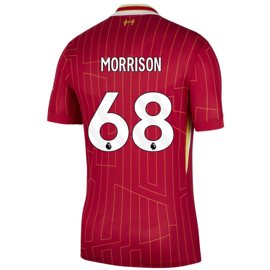 Niño Fútbol Camiseta Kieran Morrison #68 Rojo Amarillo Blanco 1ª Equipación 2024/25 Argentina