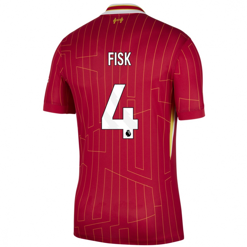 Niño Fútbol Camiseta Grace Fisk #4 Rojo Amarillo Blanco 1ª Equipación 2024/25 Argentina