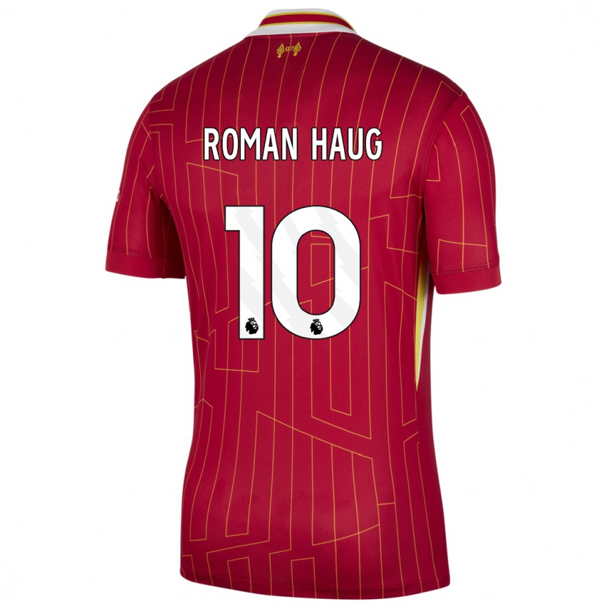 Niño Fútbol Camiseta Sophie Román Haug #10 Rojo Amarillo Blanco 1ª Equipación 2024/25 Argentina