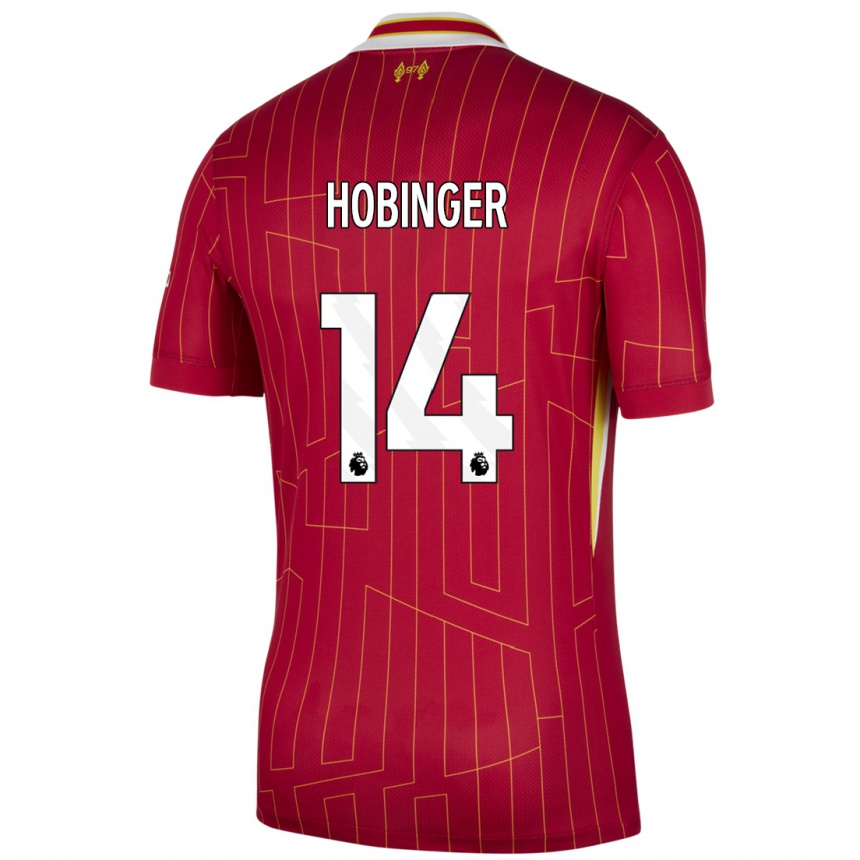 Niño Fútbol Camiseta Marie Höbinger #14 Rojo Amarillo Blanco 1ª Equipación 2024/25 Argentina