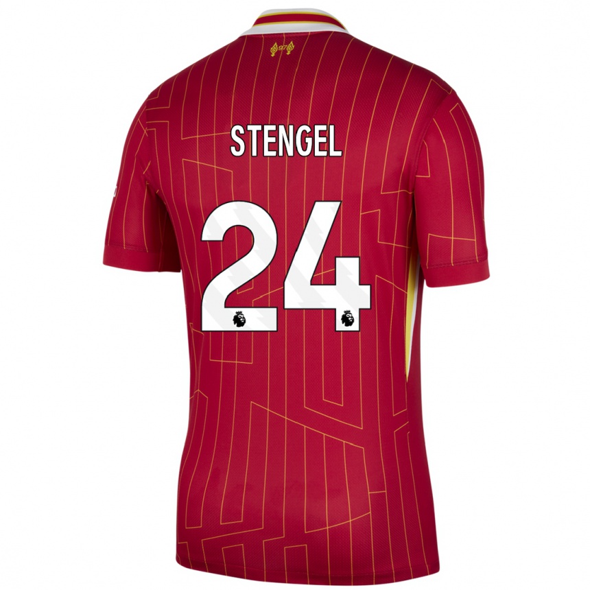 Niño Fútbol Camiseta Katie Stengel #24 Rojo Amarillo Blanco 1ª Equipación 2024/25 Argentina