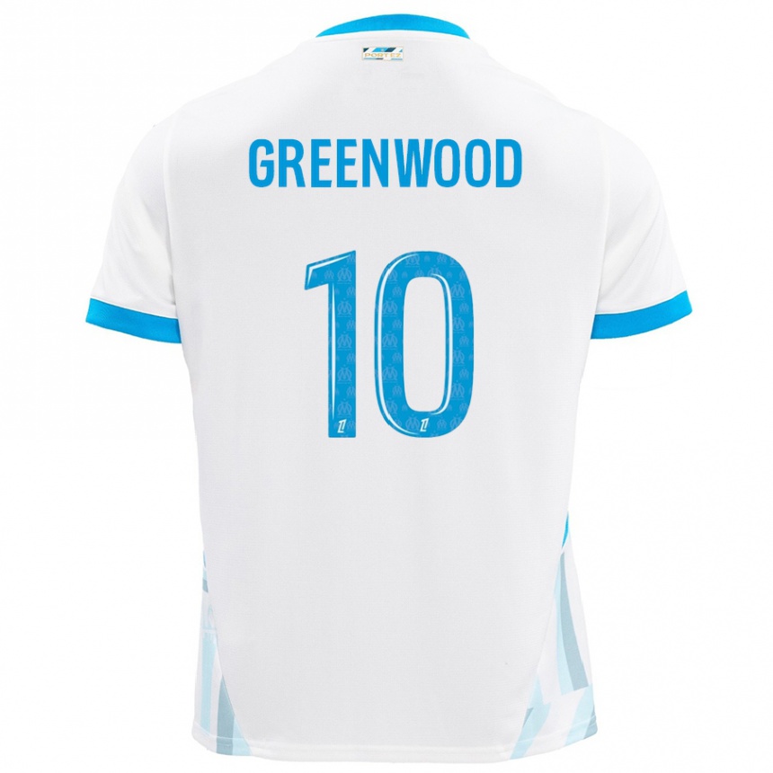 Niño Fútbol Camiseta Mason Greenwood #10 Blanco Azul Cielo 1ª Equipación 2024/25 Argentina