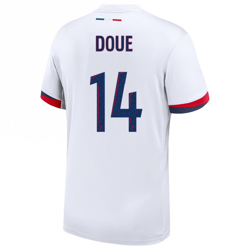 Niño Fútbol Camiseta Désiré Doué #14 Blanco Azul Rojo 2ª Equipación 2024/25 Argentina