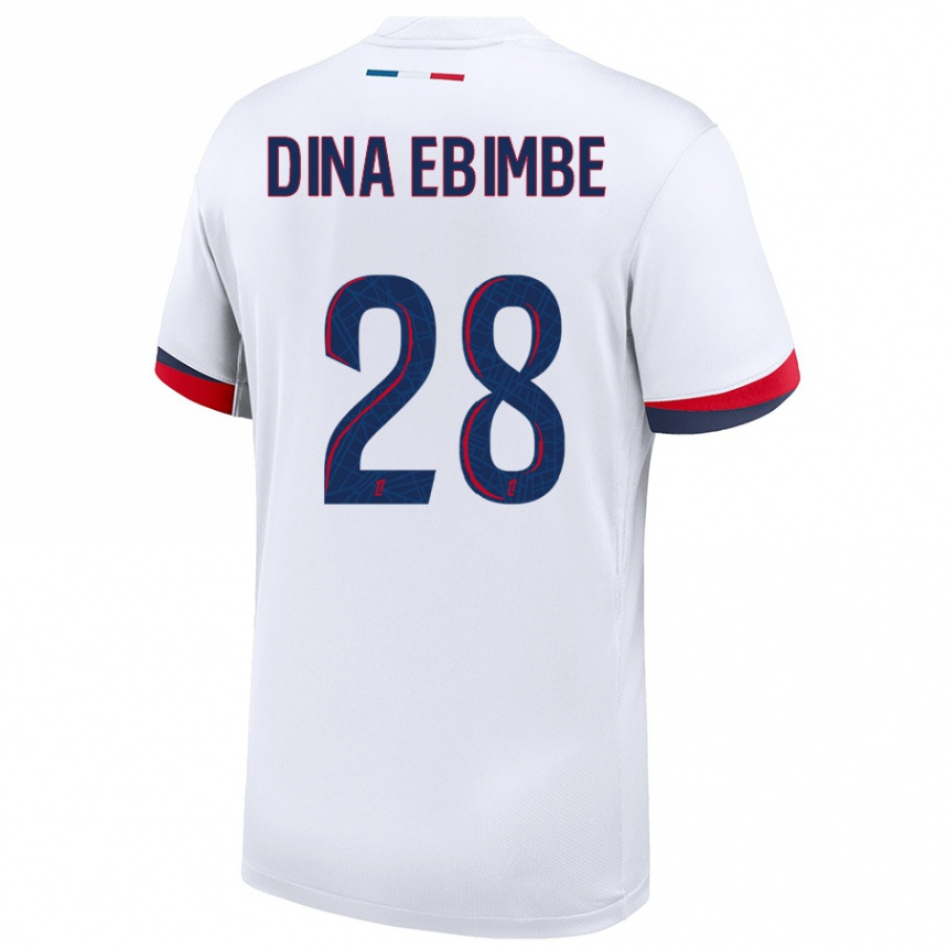 Niño Fútbol Camiseta Eric Junior Dina Ebimbe #28 Blanco Azul Rojo 2ª Equipación 2024/25 Argentina