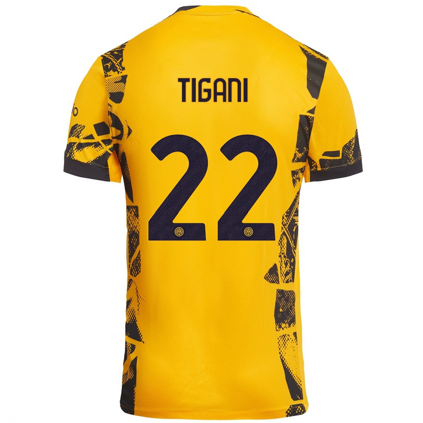 Niño Fútbol Camiseta Edoardo Tigani #22 Dorado Negro Equipación Tercera 2024/25 Argentina