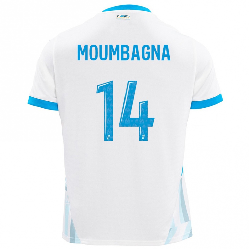 Hombre Fútbol Camiseta Faris Moumbagna #14 Blanco Azul Cielo 1ª Equipación 2024/25 Argentina