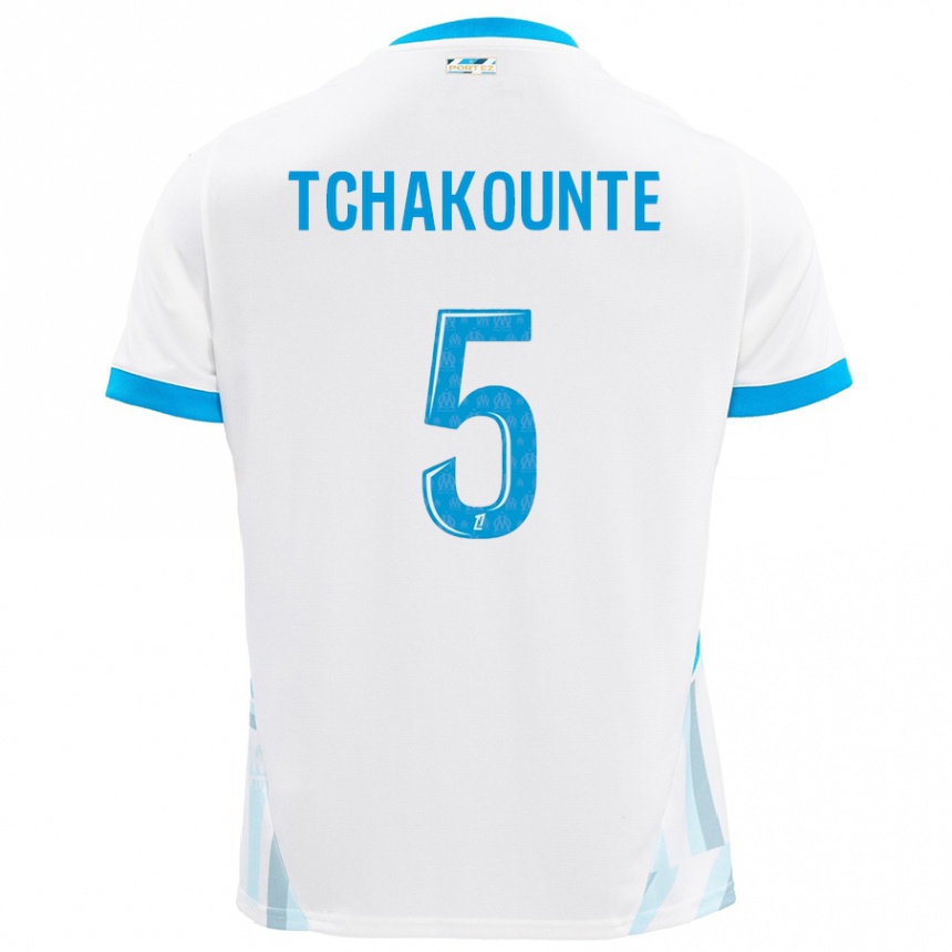 Hombre Fútbol Camiseta Annaëlle Tchakounté #5 Blanco Azul Cielo 1ª Equipación 2024/25 Argentina