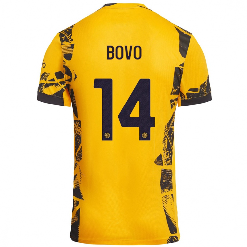 Hombre Fútbol Camiseta Leonardo Bovo #14 Dorado Negro Equipación Tercera 2024/25 Argentina