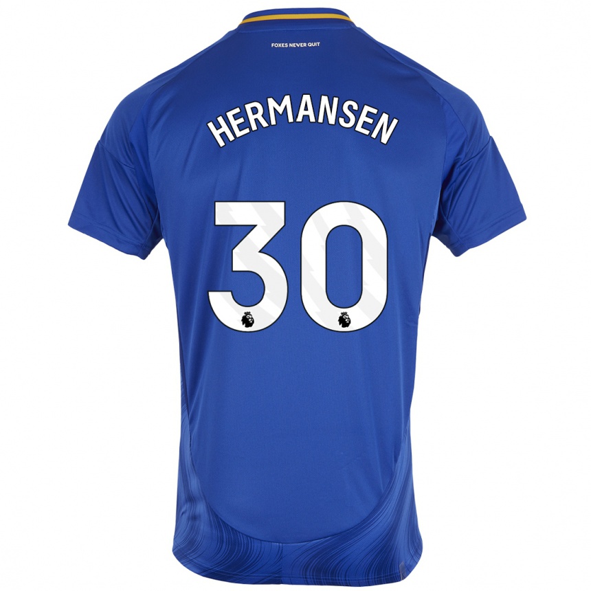 Niño Fútbol Camiseta Mads Hermansen #30 Azul Blanco 1ª Equipación 2024/25 Argentina