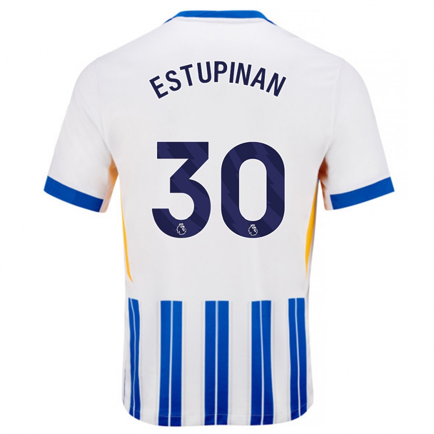 Niño Fútbol Camiseta Pervis Estupiñán #30 Blanco Azul Rayas 1ª Equipación 2024/25 Argentina