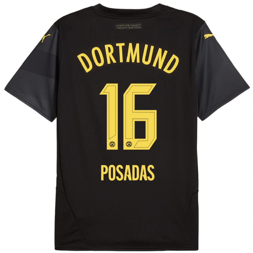 Niño Fútbol Camiseta Leonardo Posadas #16 Negro Amarillo 2ª Equipación 2024/25 Argentina