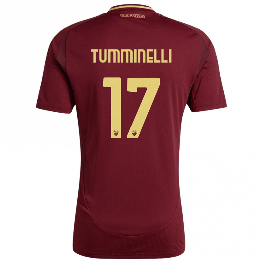 Niño Fútbol Camiseta Gianmarco Tumminelli #17 Rojo Marrón Dorado 1ª Equipación 2024/25 Argentina