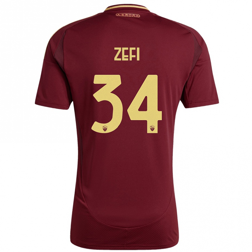 Niño Fútbol Camiseta Kevin Zefi #34 Rojo Marrón Dorado 1ª Equipación 2024/25 Argentina