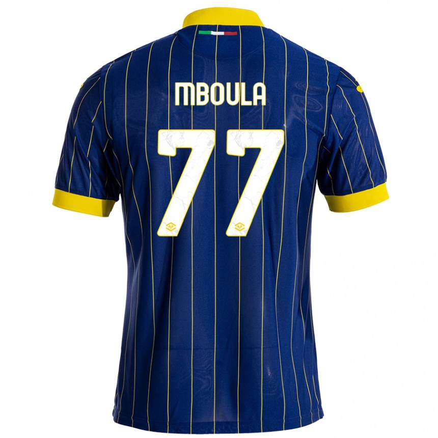 Niño Fútbol Camiseta Jordi Mboula #77 Azul Amarillo 1ª Equipación 2024/25 Argentina