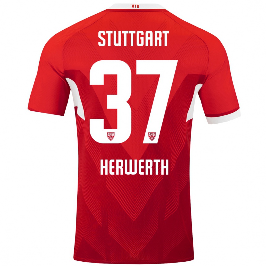 Niño Fútbol Camiseta Maximilian Herwerth #37 Rojo Blanco 2ª Equipación 2024/25 Argentina