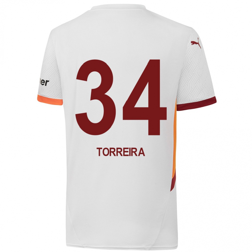 Niño Fútbol Camiseta Lucas Torreira #34 Blanco Amarillo Rojo 2ª Equipación 2024/25 Argentina