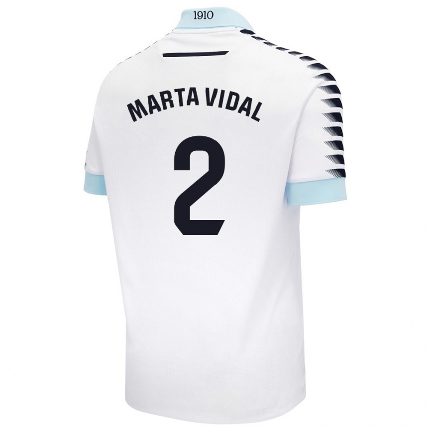 Niño Fútbol Camiseta Marta Vidal Vela #2 Blanco Azul 2ª Equipación 2024/25 Argentina