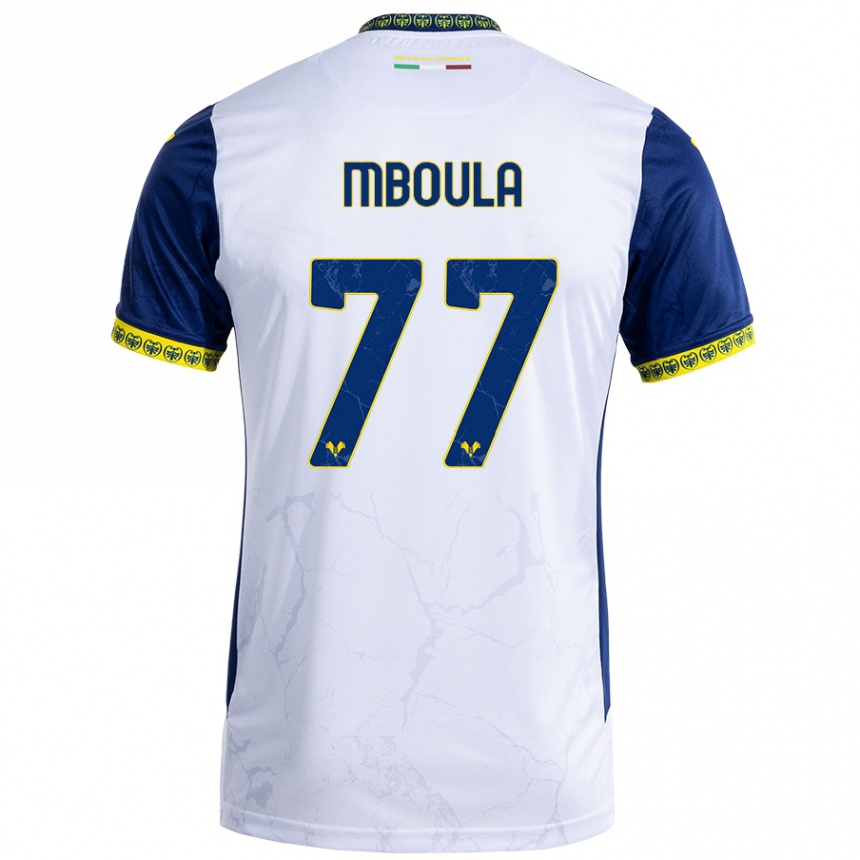 Niño Fútbol Camiseta Jordi Mboula #77 Blanco Azul 2ª Equipación 2024/25 Argentina