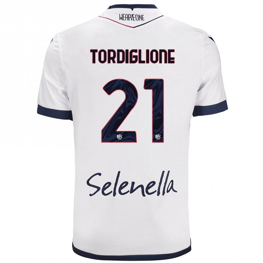 Hombre Fútbol Camiseta Nicolò Tordiglione #21 Blanco Azul Real 2ª Equipación 2024/25 Argentina