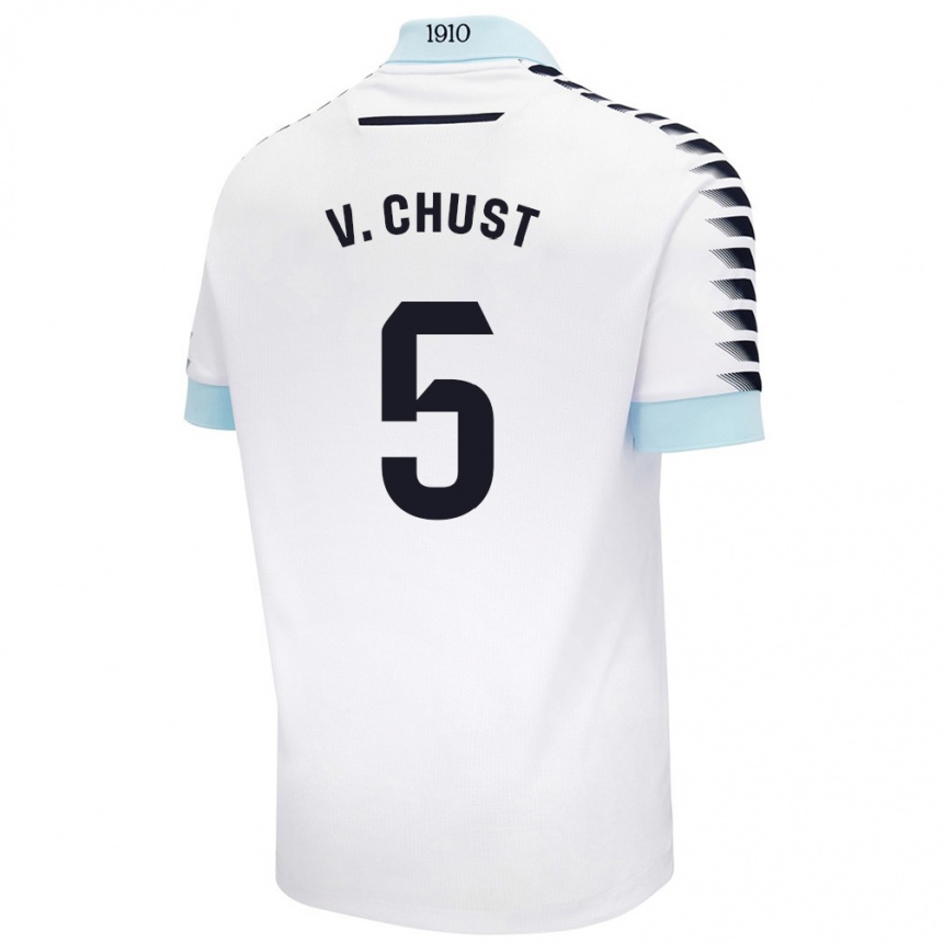 Mujer Fútbol Camiseta Víctor Chust #5 Blanco Azul 2ª Equipación 2024/25 Argentina